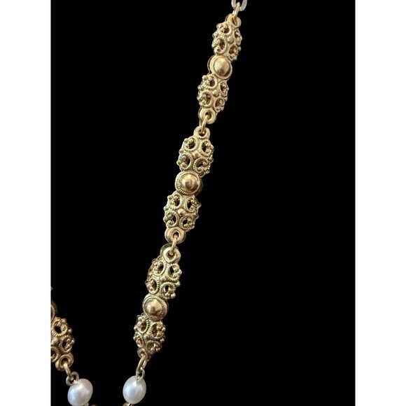 Vtg W Germany Gold-Tone Necklace Faux Turquoise & Pearl Filigree Pendant SIGNED - Picture 8 of 9